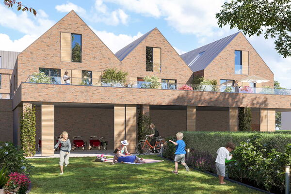 Rendering des mehrgeschossigen Baus von hinten aus der Gartenperspektive gesehen.