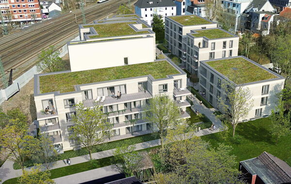 Rendering einer modernen Mehrfamilienhaussiedlung an Bahnstrecke gelegen in Münster.