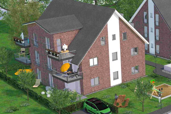 Rendering Ausschnitt eines Mehrfamilienhauses aus der Siedlung.