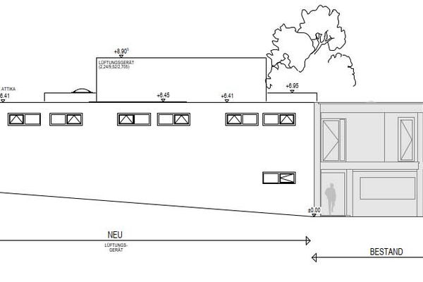 Technische Zeichnung der Seitenansicht der Ringerhalle.
