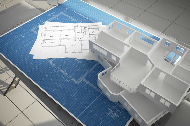 Aufgeschnittenes 3D Modell auf einem blauen Zeichentisch mit technischen Plänen.