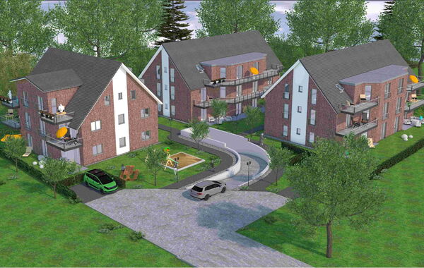 Rendering einer kleinen Siedlung von 3 Mehrfamilienhäusern mit zentriert gelegener Tiefgarage.