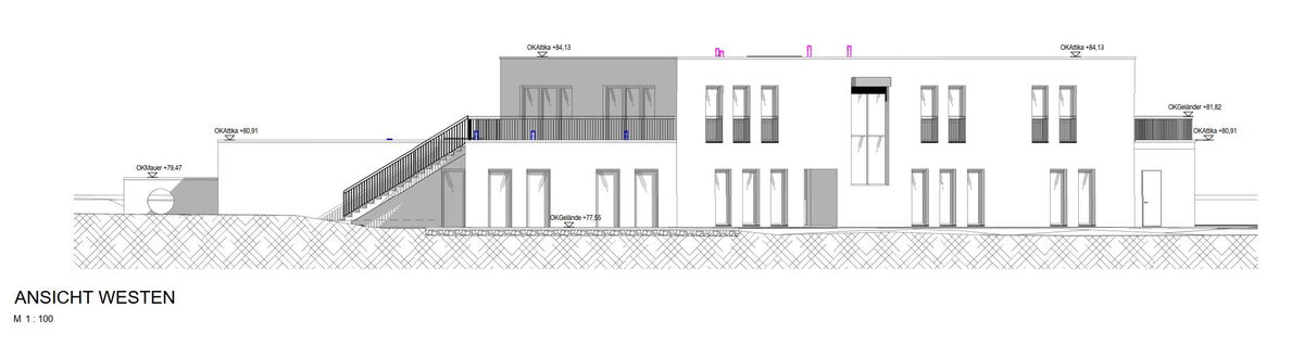 Technische Zeichnung einer Seitenansicht für einen Neubau einer Kita in Neuss.