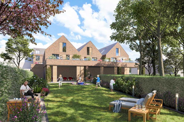 Rendering des mehrgeschossigen Baus von hinten aus der Gartenperspektive gesehen.