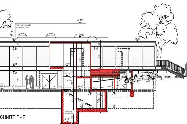 Technische Zeichnung einer Seitenansicht mit rot markierten Stellen.