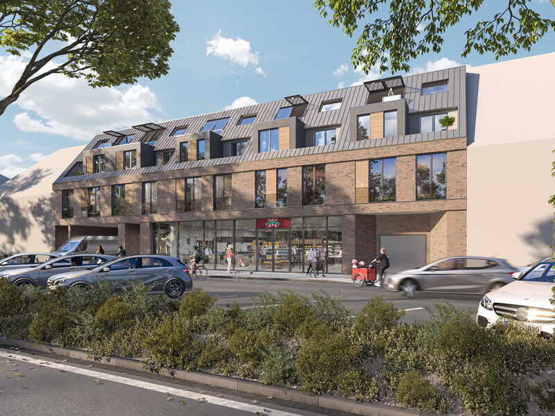Rendering eines mehrgeschossigen Wohn- und Geschäftshauses mit einem vorgelagerten Parkplatz.