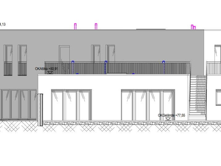 Technische Zeichnung einer Seitenansicht für einen Neubau einer Kita in Neuss.
