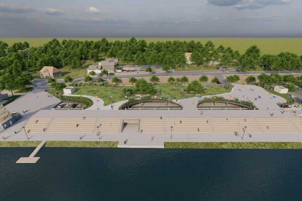 Rendering des Tribünenbaus in Essen aus der Vogelperspektive mit vielen Stufen.