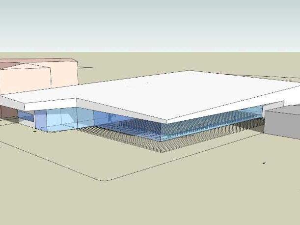3D Ansicht der Planung einer Mensa mit Flachdach und großer Glasfassade.