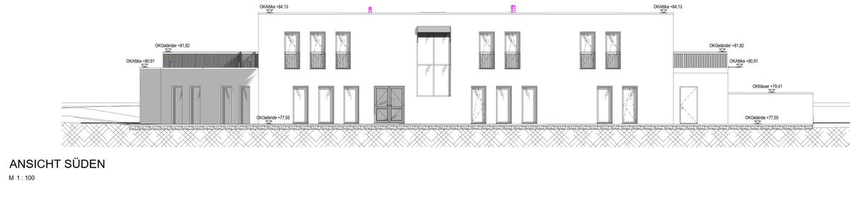 Technische Zeichnung einer Seitenansicht für einen Neubau einer Kita in Neuss.