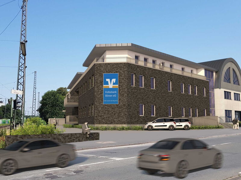 3D-Rendering eines Anbaus eines Wohn und Geschäftshauses an einer Straße und Bahnlinie gelegen.