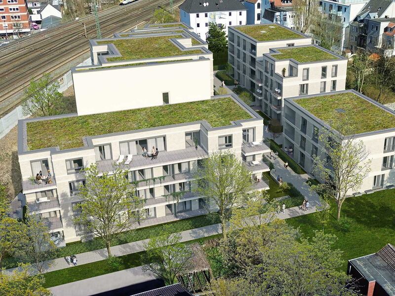 Rendering einer modernen Mehrfamilienhaussiedlung an Bahnstrecke gelegen in Münster.