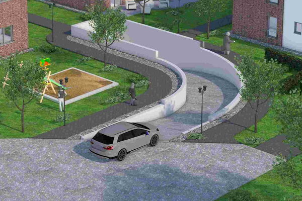 Rendering Ausschnitt Ansicht Zufahrt zur Tiefgarage.