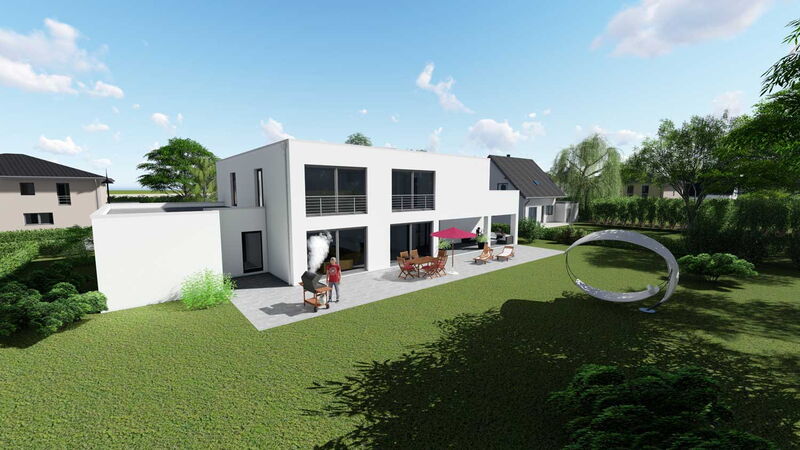 Rendering eines modernen Hauses mit Gartenansicht.