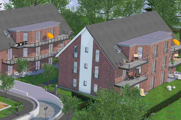 Rendering Ansicht eines Mehrfamilienhauses aus der Siedlung.