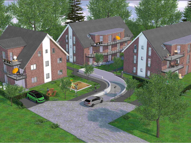 Rendering einer kleinen Siedlung von 3 Mehrfamilienhäusern mit zentriert gelegener Tiefgarage.