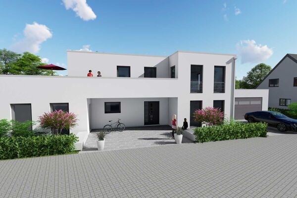 Rendering eines modernen Hauses mit großem Balkon.