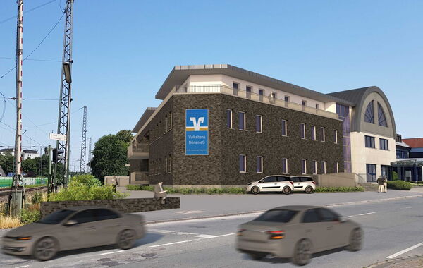 3D-Rendering eines Anbaus eines Wohn und Geschäftshauses an einer Straße und Bahnlinie gelegen.