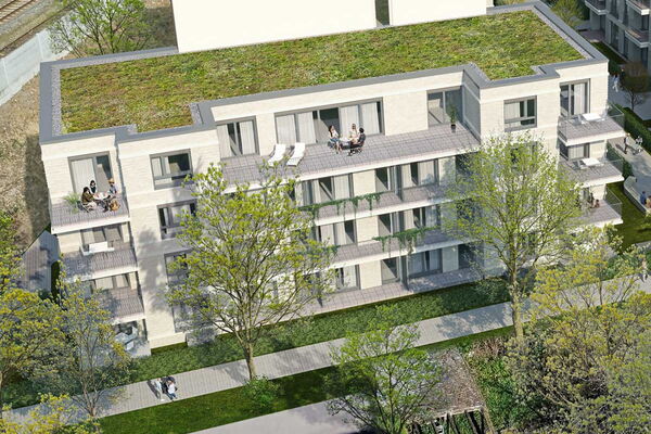 Ausschnitt des §D Renderings eines Gebäudes der Siedlung für Mehrfamilienhäuser mit Tiefgarage.