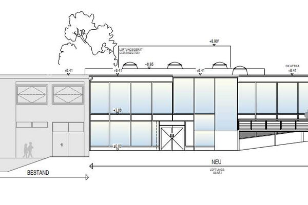 Technische Zeichnung der Ringerhalle, Fenster koloriert.