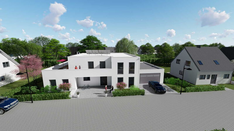 Rendering eines modernen Hauses mit großem Balkon aus Vogelperspektive.